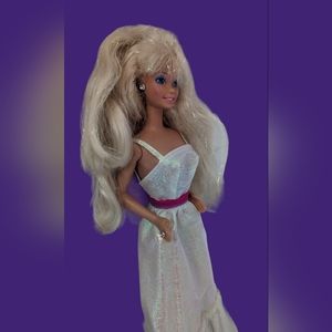 Vintage 1980s Barbie Big Hair & Bangs Iridescent Dress Pink Purple Rhinestones